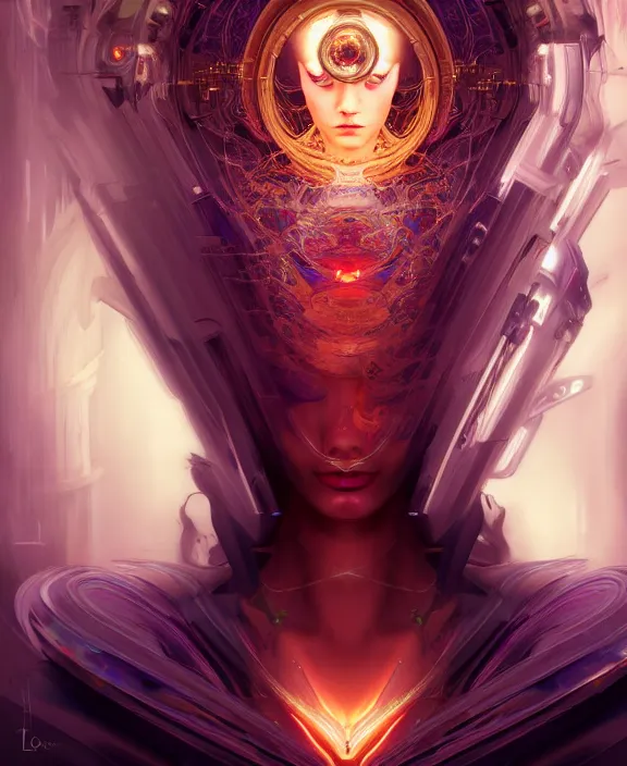 Prompt: whirlwind of souls rushing inside the metaverse, half body, tiara, tattoo pharaoh, android, cyborg, cyberpunk face, by loish, d & d, fantasy, intricate, elegant, highly detailed, colorful, vivid color, digital painting, artstation, concept art, art by artgerm and greg rutkowski and alphonse mucha and ruan jia