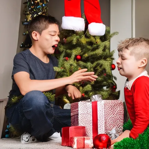 Image similar to a kid at christmas disappointed and crying looking a giant moai statue, his hands buried in his face, sitting down, looking disgusted and annoying | inside of a house next to a christmas tree, large opened present box next to the moai