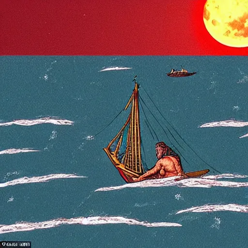 Image similar to the age of discovery, red moon over stormy ocean, huge clouds in the form of a gigantic octopus, the greatest adventurer standing on a 1 5 th century sampan boat holding a