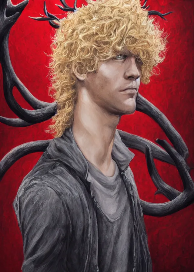 Prompt: a highly detailed painting of a haunted looking young man with curly blonde hair in a crimson doublet with background of gigantic antlers made of stone, inspiration young jason james richter christopher egan, ominous, foreboding, dark, trending on artstation,