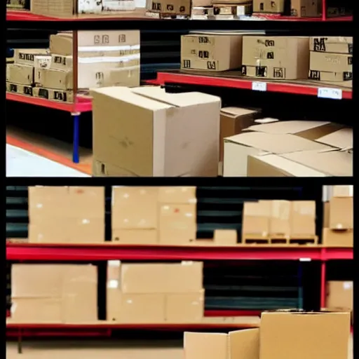 Prompt: two frames of equal size, the first is a picture of a warehouse full of boxes, the second is an identical picture to the first except the boxes are red