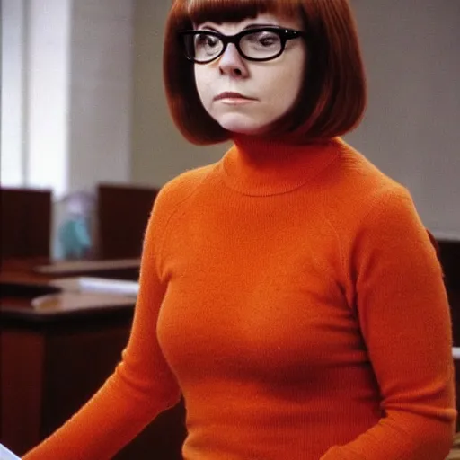 Image similar to Stunning Beautiful Portrait Scene of Velma Dinkley wearing her iconic orange sweater from Scooby Doo in court for falsely accusing someone of being a criminal by Greg Rutkowski. Velma is a teenage female, with chin-length auburn hair and freckles. She is somewhat obscured by her fashion choices, wearing a baggy, thick turtlenecked orange sweater, with a red skirt, knee length orange socks and black Mary Jane shoes. Soft render, Pixiv, artstation