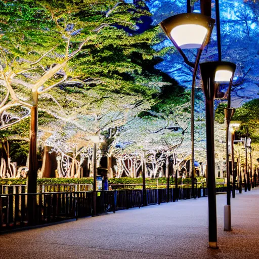 Prompt: park in tokyo in between skyscrapers, night time, lit with globe lights