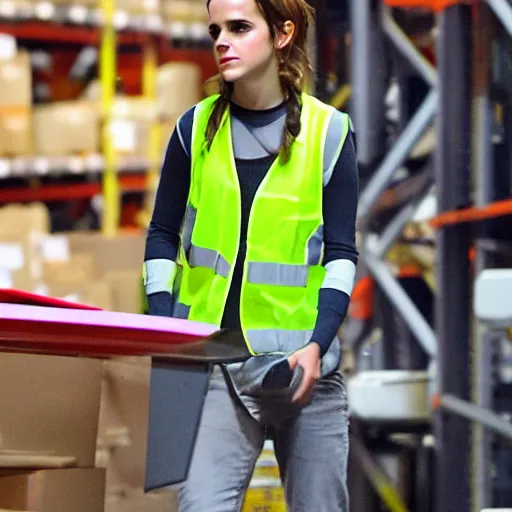 Image similar to photo, close up, emma watson in a hi vis vest, in warehouse, android cameraphone, candid photo 2 6 mm,