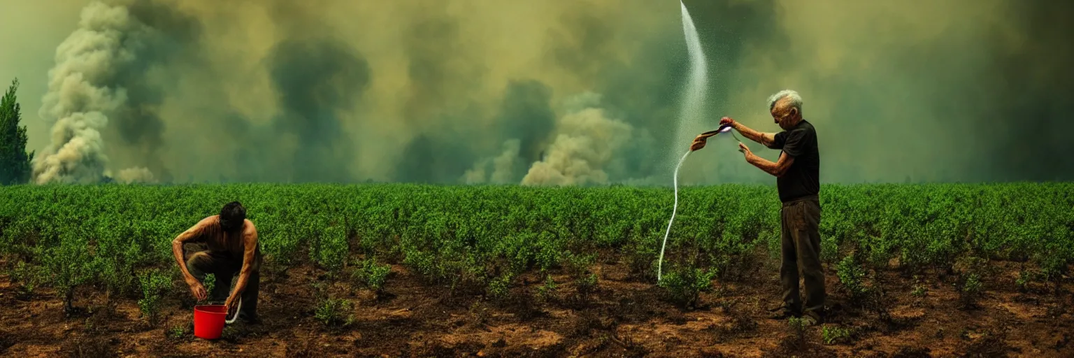 Prompt: a man watering the last plant on earth as the world burns, green leaves, apocalyptic background, smoke