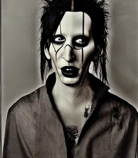 Image similar to portrait of marilyn manson by joel peter witkin and hieronymus bosch, high quality, high detail