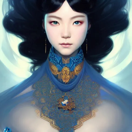 Image similar to ‘elegant Chinese princess, D&D, blue eyes, black hair, fantasy, intricate, elegant, highly detailed, digital painting, artstation, concept art, smooth, sharp focus, illustration, art by artgerm and greg rutkowski and alphonse mucha’