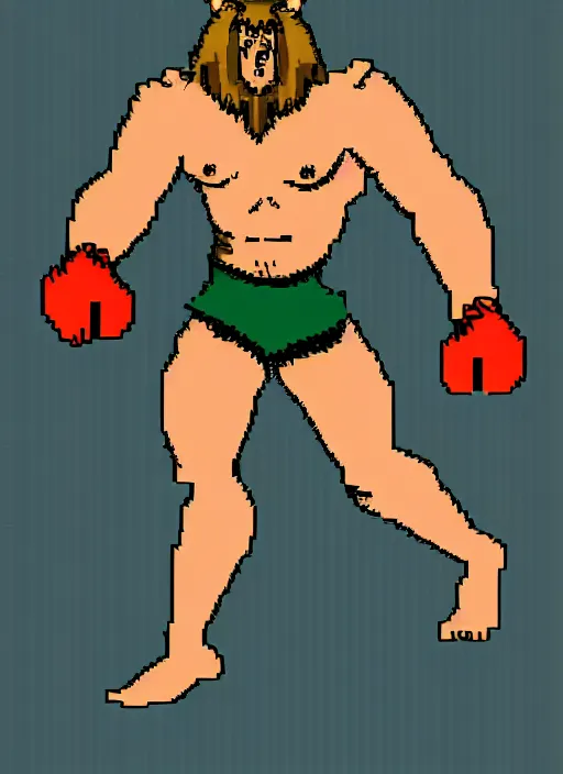 Prompt: extreme long shot. 8 bit nes graphics. antropomorphic muscular masculine wolf. kickboxer fighter, in shorts. wolf head. furr on body.