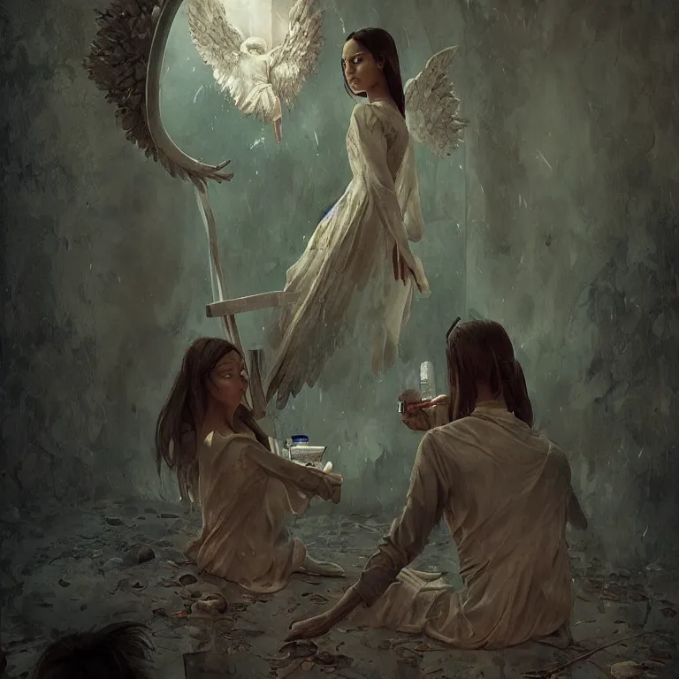 Image similar to angel watching mirror, 3 d render, esao andrews, surrealism, greg rutkowski