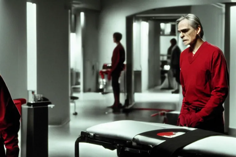 Image similar to a scene from the movie dead ringers with jeremy irons, dark cinematic lighting, heavy black and red color contrast, medical equipment