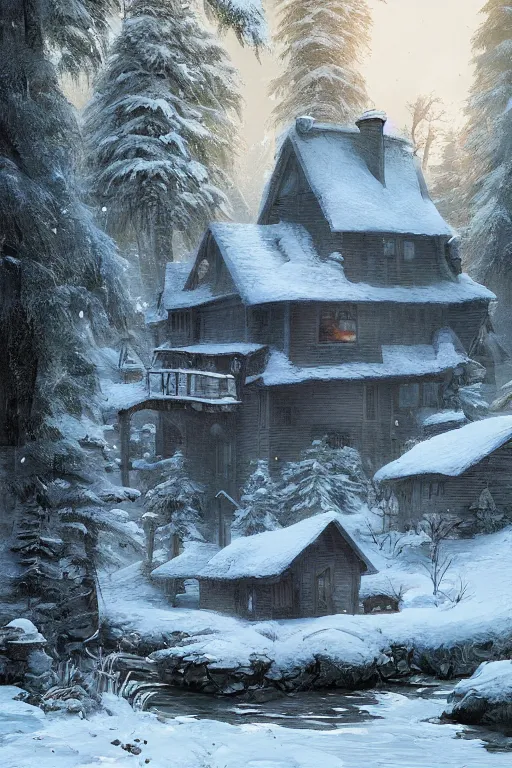 Prompt: snowy cozy home by a small river in a forrest in canadian mountains, by philippe gare, artstation, greg rutkowski