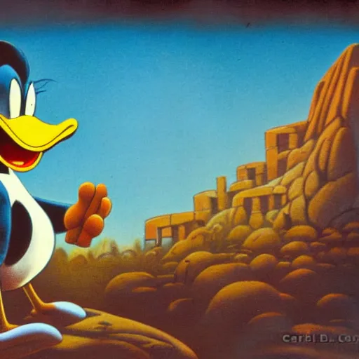 Prompt: donald duck, in a lost ancient city, by carl barks, atmospheric lights