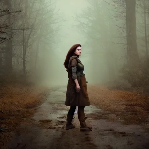 Image similar to fallout 5, charismatic beautiful rugged brunette female protagonist, portrait, outdoors foggy country road, atmospheric lighting, painted, intricate, volumetric lighting, beautiful, cold morning, overcast weather, sharp focus, deep colours, ultra detailed, by leesha hannigan, ross tran, thierry doizon, kai carpenter, ignacio fernandez rios