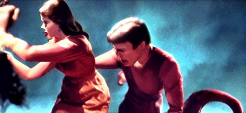 Image similar to a beautiful woman punching a monster in a film still from a roger corman film, hyperrealistic