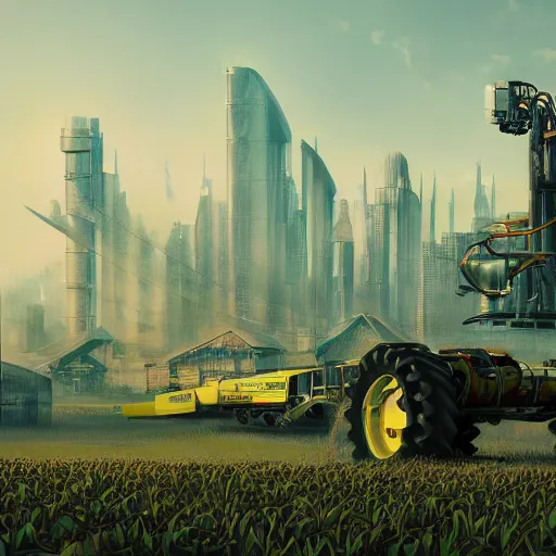 Prompt: agricultural machinery as a world leader, cyberpunk, machine revolution, matte painting, trending on artstation