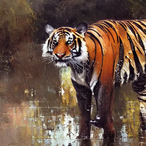 Image similar to tigers in the rain, painting by jeremy mann