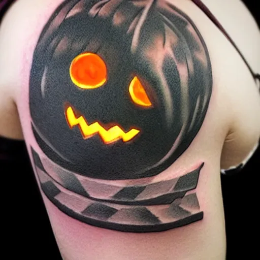 Image similar to cartoon tattoo of an angry pumpkin with glowing eyes and a light gray background on shoulder