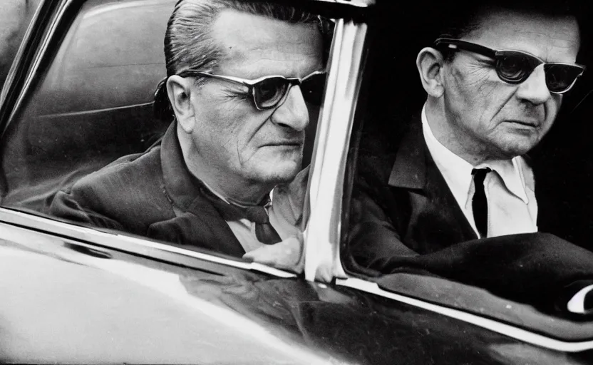 Prompt: 60s movie still full-lenght portrait of Josip Broz Tito going out of his car, by Irving Penn , Cinestill 800t 35mm black and white, heavy grainy picture, very detailed, high quality, 4k, HD criterion, dramatic lightning, precise texture