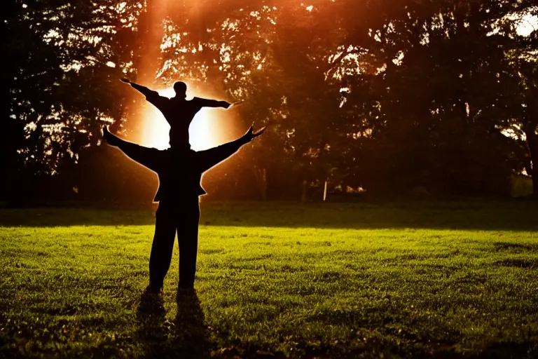 Image similar to a man made of origami dancing, dramatic lighting, with bokeh effect in a sunny meadow