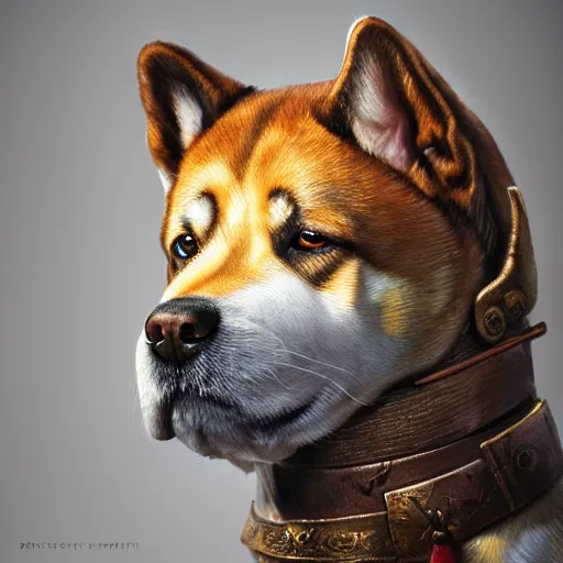 Prompt: detailed photorealistic painting of dog shiba inu wearing a highly detailed ornamented bronze classic viking helmet with two horns, sharp focus in the style of ruan jia, Mandy jurgens, cinematic light, concept art, trending on artstation, ultra realistic