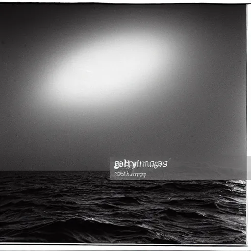 Prompt: dark photo of an ufo above the ocean, black and white, 1 9 2 0's, pictorialism