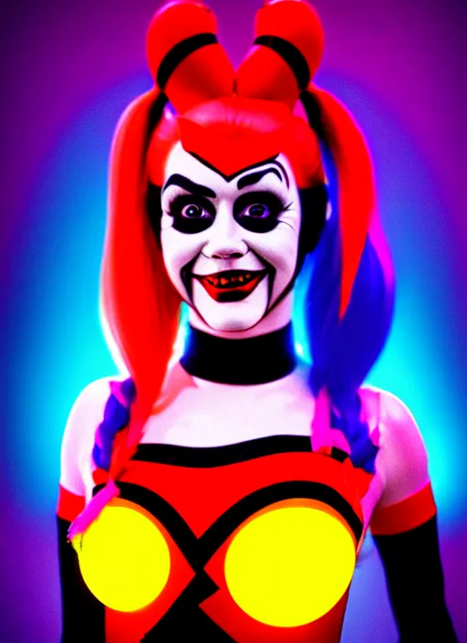 Image similar to kodak portra 4 0 0 of wendy's mascot wendy thomas as harley quinn, neon mood 8 k, soft light, volumetric lighting, highly detailed, 1 5 0 mm lens, elegant, vhs still photo realistic skin, backlit texture