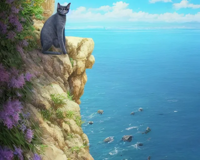 Prompt: one single Russian blue cat sitting on a cliff overlooking the sea. Blue water, nature, blue cat. By Makoto Shinkai, Stanley Artgerm Lau, WLOP, Rossdraws, James Jean, Andrei Riabovitchev, Marc Simonetti, krenz cushart, Sakimichan, D&D trending on ArtStation, digital art.