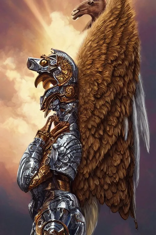 Image similar to A beautiful fierce llama angel with wings, wearing metal battle armor and a flaming sword, among heavenly sunlit clouds, close-up, intricate anthro llama portrait, elegant, digital painting, golden hour photo, cinematic, trending on artstation, anthro concept art, smooth, sharp focus, llama, illustration, art by artgerm and Greg Rutkowski and Alphonse Mucha, daily deviation, llama