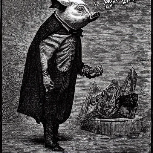 Image similar to a pig in a tuxedo, dark, creepy, eerie, petriying, frightening, spine-chilling, horrifying, scaring, harrowing, illustration by Gustave Doré