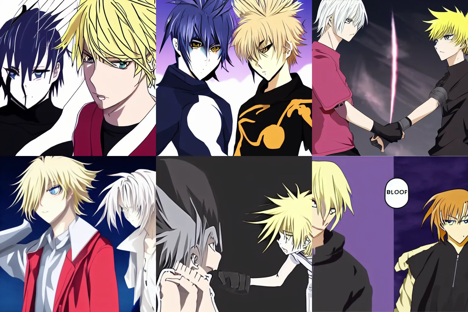 Prompt: a fight between a blonde anime boy and his dark shadow self
