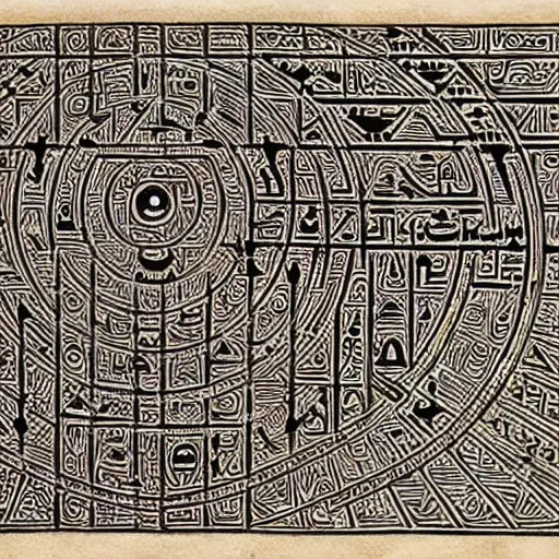 Prompt: evil egyptian heiroglyphic maze covered in mysterious hidden eye symbols, very intricate, hyper detailed