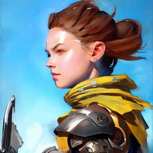 Image similar to greg manchess portrait painting of armored aloy as overwatch character, medium shot, asymmetrical, profile picture, organic painting, sunny day, matte painting, bold shapes, hard edges, street art, trending on artstation, by huang guangjian and gil elvgren and sachin teng