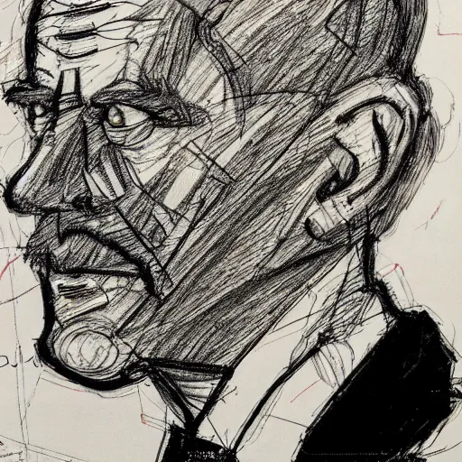 Image similar to a realistic yet scraggly portrait sketch of the side profile of a stern and sophisticated max headroom, trending on artstation, intricate details, in the style of frank auerbach, in the style of sergio aragones, in the style of martin ansin, in the style of david aja, in the style of mattias adolfsson