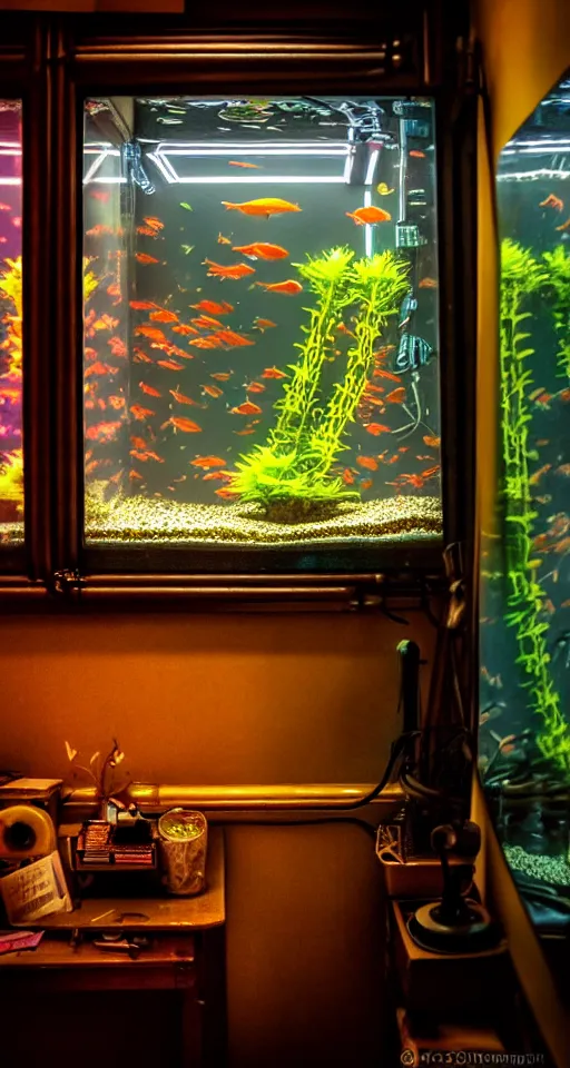 Image similar to telephoto 7 0 mm f / 2. 8 iso 2 0 0 photograph depicting the feeling of chrysalism in a cosy safe cluttered french sci - fi art nouveau cyberpunk apartment in a dreamstate art cinema style. ( ( fish tank ) ), ambient light.