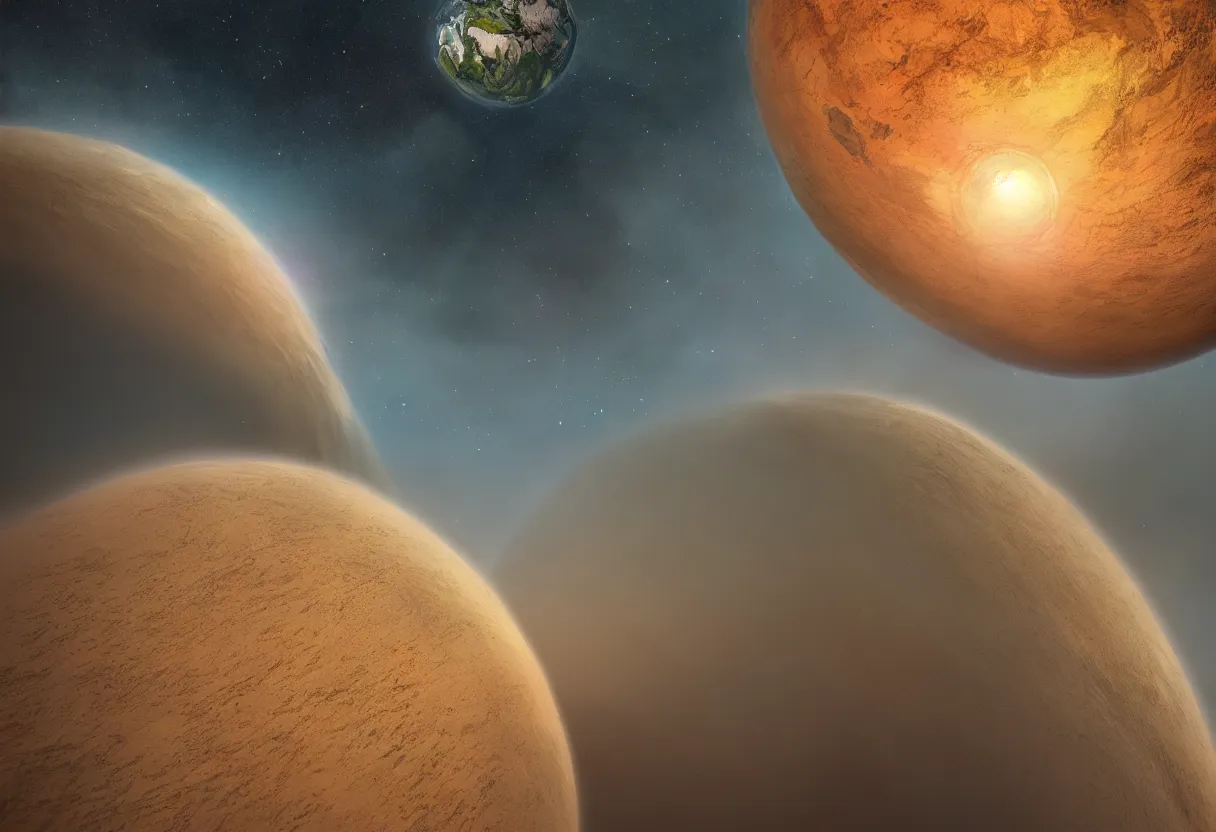 Image similar to planetary view of alien planet atmosphere matte painting, beautiful render, octane render, concept art
