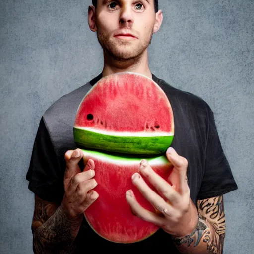 Prompt: portrait photo of matt shadows holding an invisible watermelon, color, studio lighting