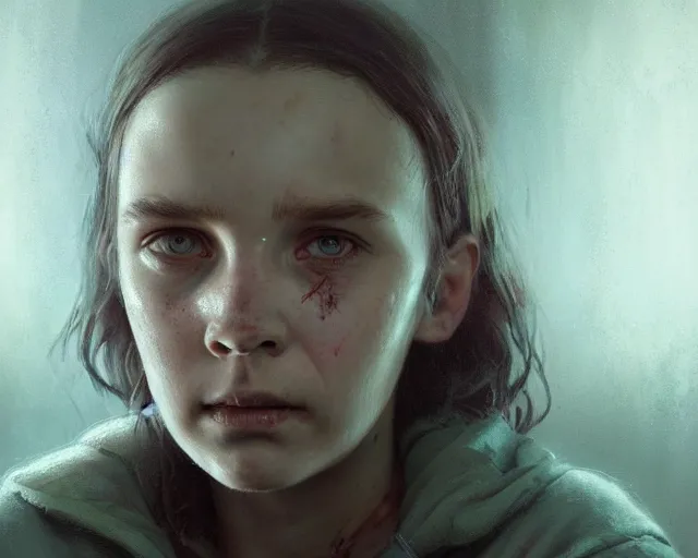 Image similar to highly detailed portrait of a millie billy brown, in the walking dead, stephen bliss, unreal engine, fantasy art by greg rutkowski, loish, rhads, ferdinand knab, makoto shinkai and lois van baarle, ilya kuvshinov, rossdraws, tom bagshaw, global illumination, radiant light, detailed and intricate environment