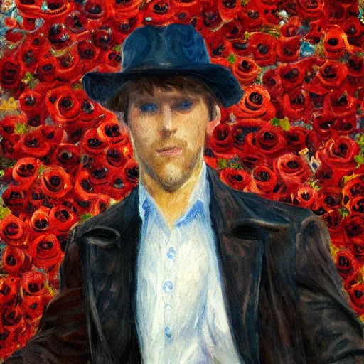 Image similar to an impressionist painting of a tall man with blue eyes and brown hair stands in the middle of a field of red roses. He is wearing a leather wide brim hat and a leather vest. He holds a single red rose in his hand