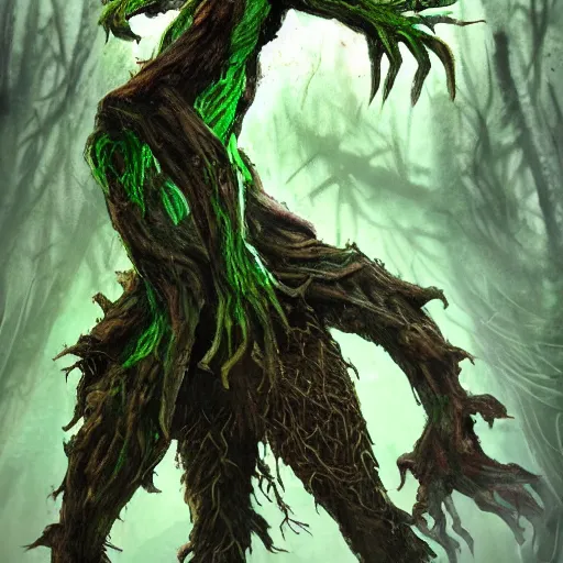 Prompt: giant green old treant creature, elven treant made of leaves and roots, old elven treant, old humanoid ents, old humanoid treant, epic fantasy style, green theme, forest background, hearthstone artwork