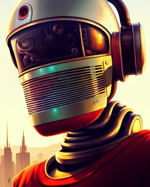 Prompt: hyper - realistic portrait of a vintage robot, gta v cover art, celshading, sharp focus, intricate, detailed, rhads, andreas rocha, makoto shinkai, lois van baarle, 4 k