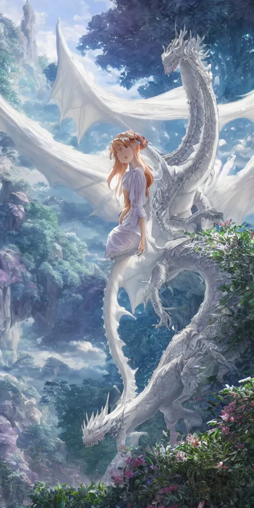 Image similar to the beautiful hyper detailed scene render that a lonely beautiful girl lies in the arms of a huge silver white dragon alone in fairyland surrounded by white clouds, finely detailed angelic face delicate features, style of studio ghibli, makoto shinkai, raphael lacoste, louis comfort tiffany, artgerm, james jean, ross tran, animation style, hd, ultra wide angle