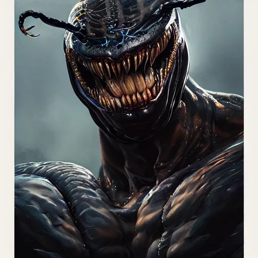 Image similar to portrait of venom, intricate artwork, concept art, octane render, deviantart, cinematic, key art, hyperrealism, iridescent accents, portrait photograph, nikon 3 5 mm, photograph by greg rutkowski