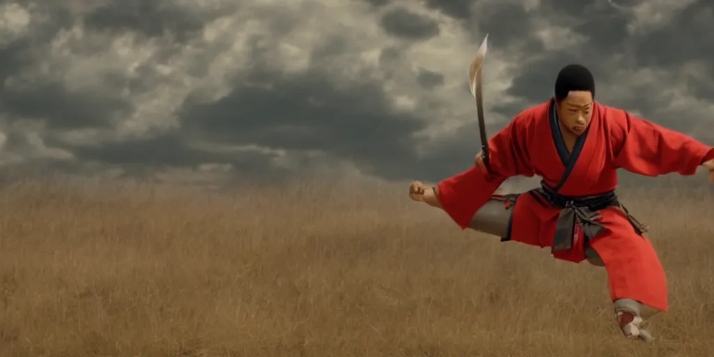 Image similar to a film still of a light skinned black man starring as an ancient samurai flying doing a flying kick, japanese blockbuster film, the sky is red, shallow depth of field, cinematic, award winning cgi, vfx, film still