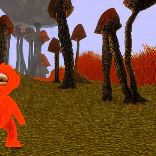 Image similar to bip bippadotta in morrowind, orange fuzzy muppet, screenshot