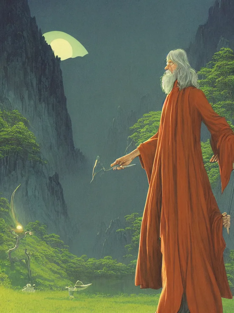 Prompt: an image of george harrison as gandalf from the lord of the rings, taking mind altering drugs, dreaming psychedelic hallucinations in the vast rivendell landscape, by kawase hasui, moebius, edward hopper, colorful flat surreal design, dramatic lighting, hd, 8 k, artstation