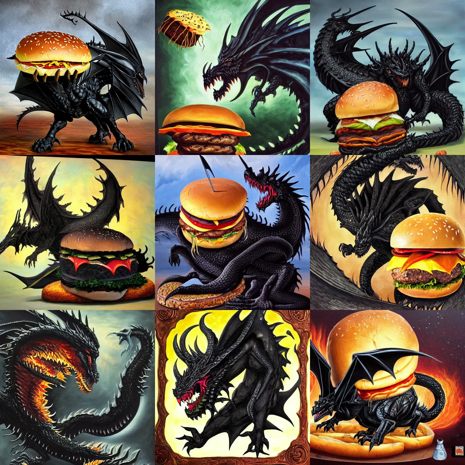 Prompt: A black dragon protecting a giant cheeseburger, acrylic, High Detail, Epic Scale, Wizards of the Coast, Dungeons and Dragons