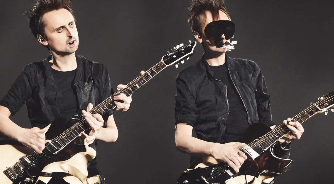 Prompt: matt bellamy playing guitar, 2 0 1 5 live music video, official music video