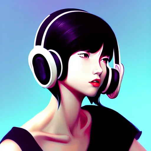 Prompt: a woman with headphones on, digital painting masterpiece, by ilya kuvshinov and rockin jellybean