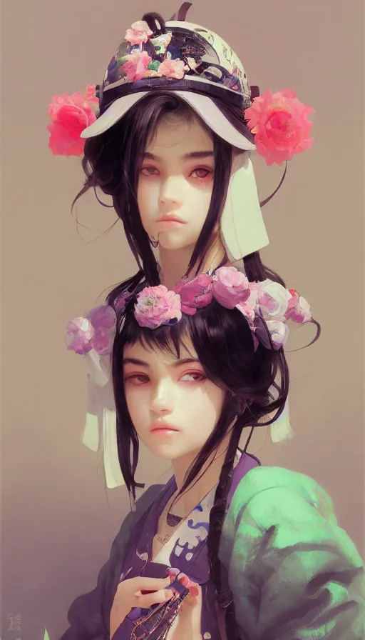 Image similar to madison beer, detailed portrait young gangster lolita, amazing beauty, visor, neon tattoo, styled hair, decorated traditional japanese ornaments by carl spitzweg, ismail inceoglu, vdragan bibin, hans thoma, greg rutkowski, alexandros pyromallis, perfect face, fine details, realistic shaded