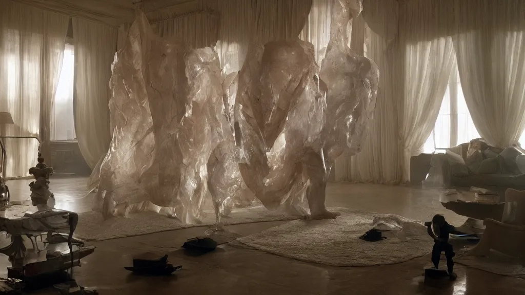 Image similar to a giant hand made of wax and water floats through the living room, film still from the movie directed by Denis Villeneuve with art direction by Salvador Dalí, wide lens